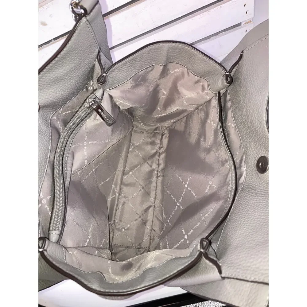 MICHAEL KORS LARGE GRAY PEBBLED LEATHER STUDED SHOULDER BAG